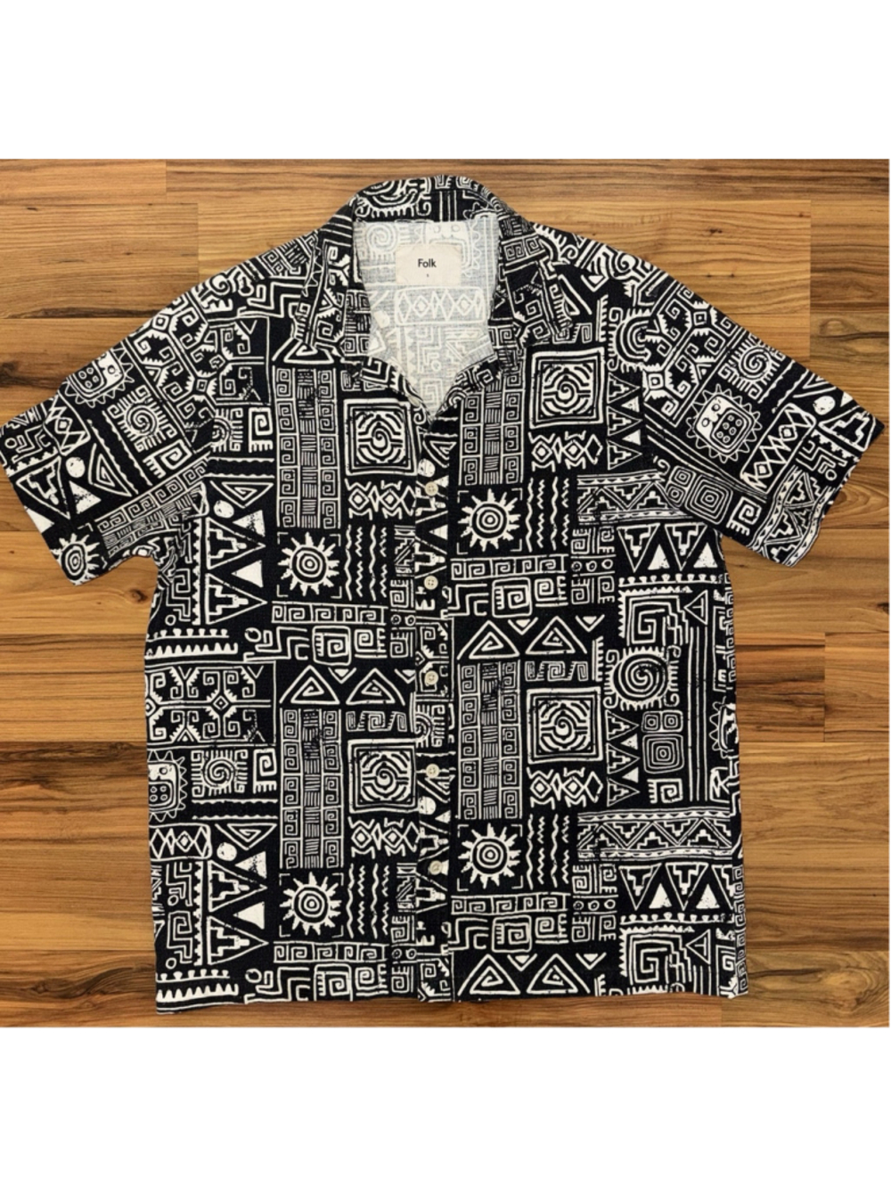Folk Camp Collar Shirt Small Black White Geometric Tribal Print Linen Blend